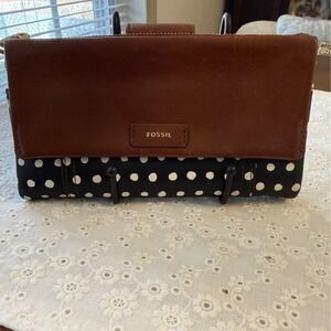 Fossil Brown Leather Black Polka Dot Bifold Clutch Wallet Organizer